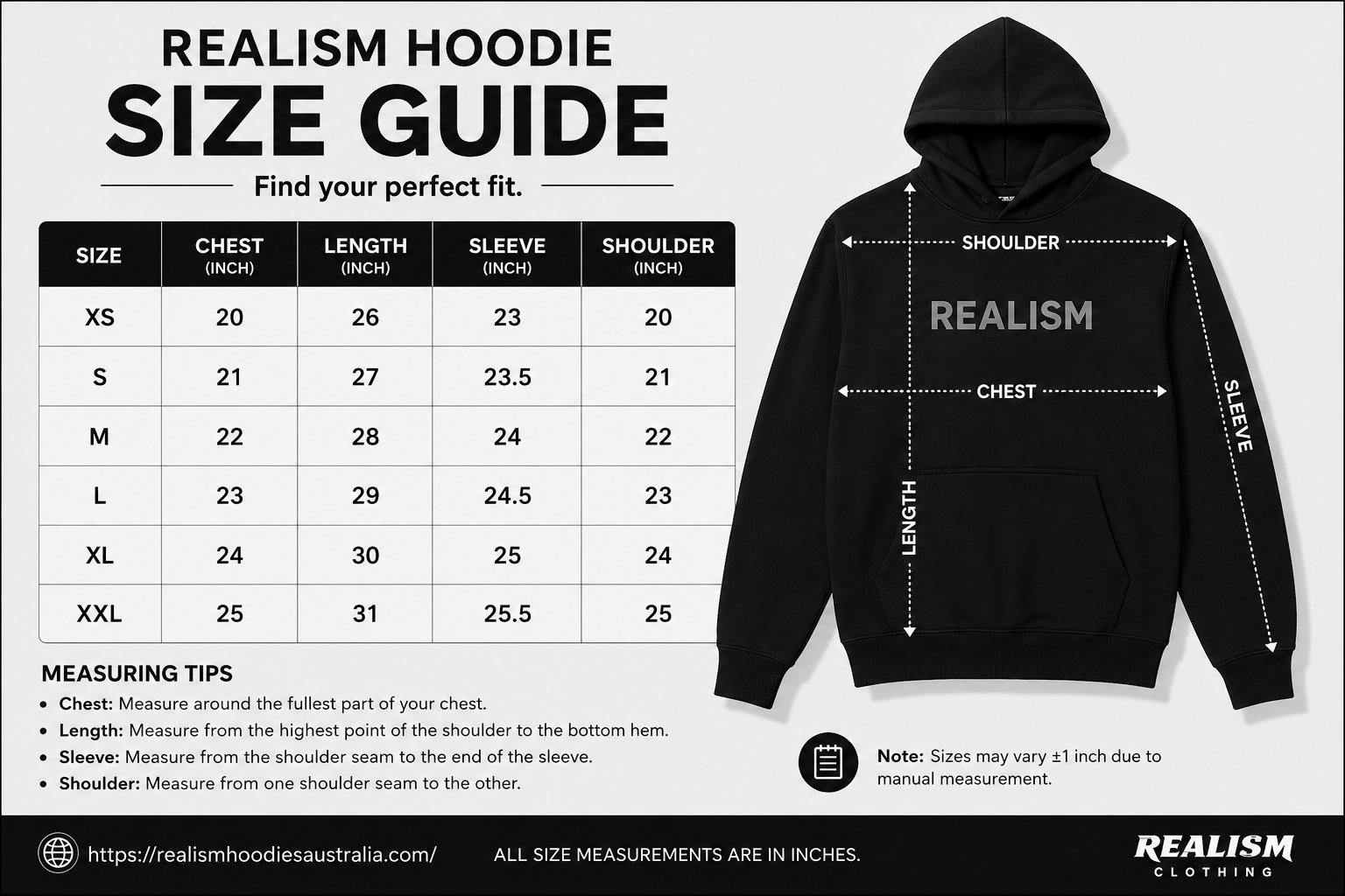 Realism Hoodie Size Guide