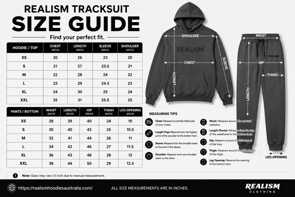 Realism Tracksuit Size Guide